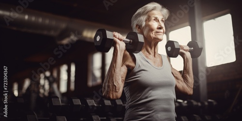 An older woman is shown lifting a pair of dumbbells in a gym. This image can be used to depict fitness  exercise  and active lifestyles