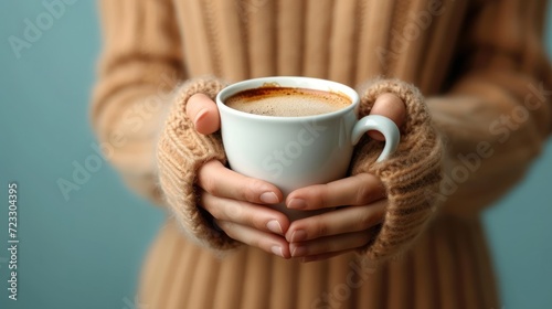  a woman holding a cup of coffee in her hands with a brown sweater over her shoulders and a blue wall in the background.