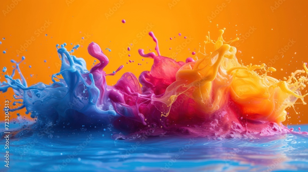  a multicolored liquid splashing into a body of water on an orange and blue background with a splash of water in the foreground. - obrazy, fototapety, plakaty 