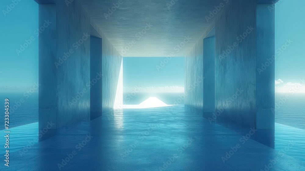  an abstract photo of a hallway leading to a light at the end of a tunnel in the middle of the ocean.
