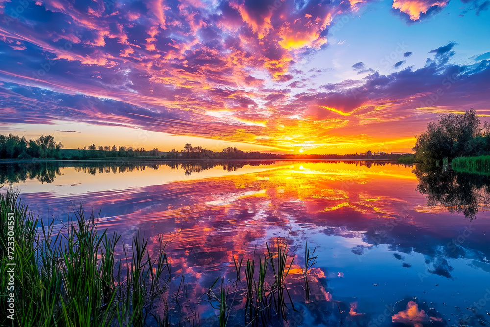 sunrise over a serene lake, with vibrant colors painting the sky