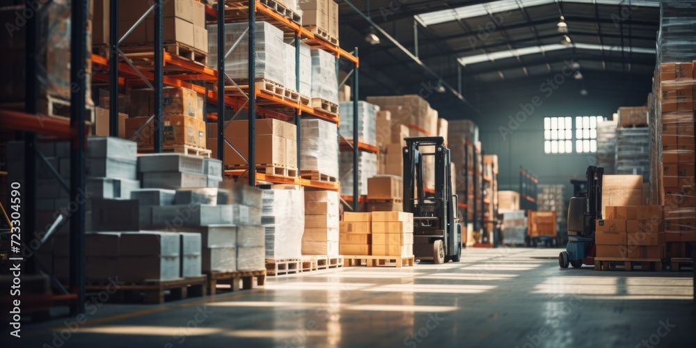 A large warehouse filled with lots of boxes. Ideal for logistics, storage, or inventory concepts A large warehouse filled with lots of boxes. Ideal for logistics, storage, or inventory concepts