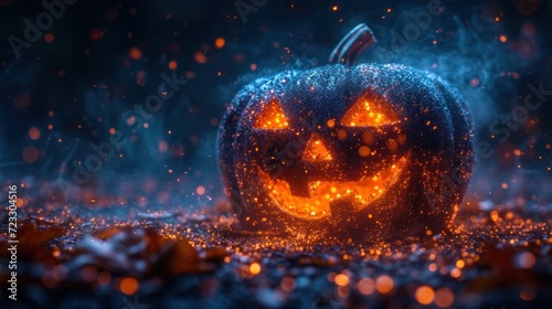  a glowing jack - o - lantern pumpkin sitting on top of a pile of leaves in front of a black background.