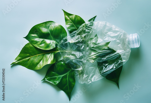 Green leaves emerging from a crumpled plastic bottle. Generative AI image photo