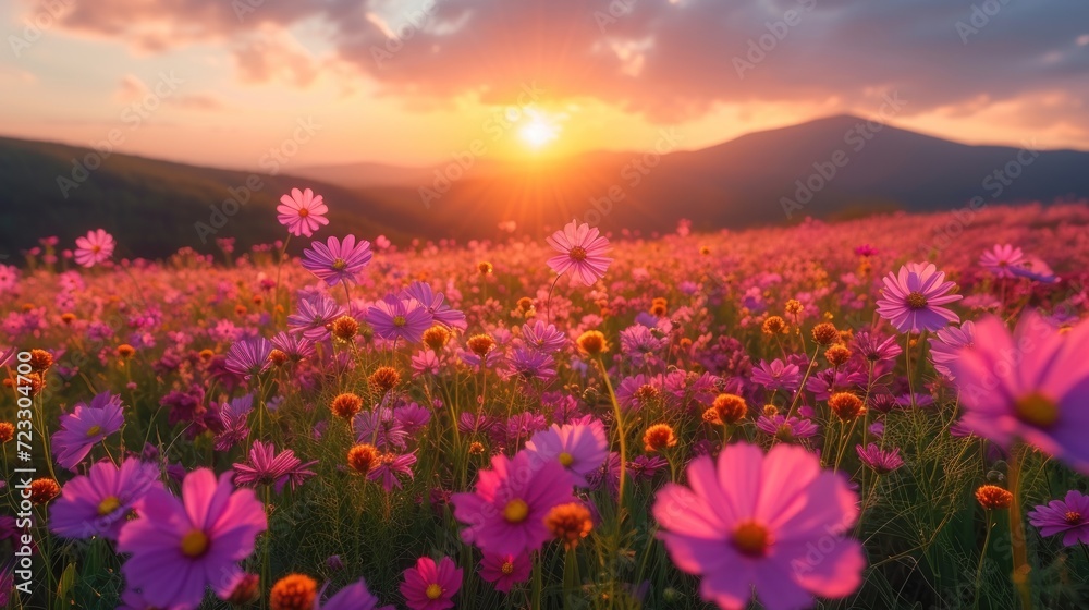  a field full of pink flowers with the sun setting in the distance in the distance is a mountain range in the distance.