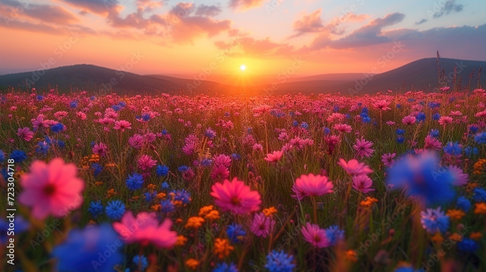  a field of wildflowers with the sun setting in the distance in a field of wildflowers with mountains in the background.