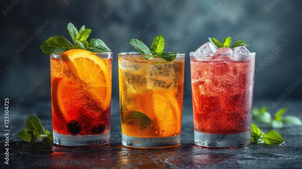 a group of three glasses filled with different types of drinks and garnished with mint leaves and orange slices. a group of three glasses filled with different types of drinks and garnished with mint leaves and orange slices.
