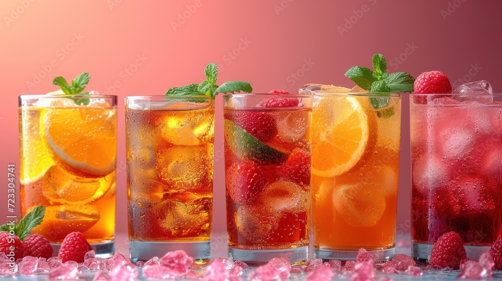  a row of glasses filled with different types of drinks and garnished with raspberries and limes.
