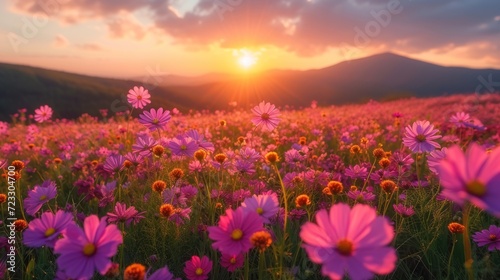  a field full of pink flowers with the sun setting in the distance in the distance is a mountain range in the distance.