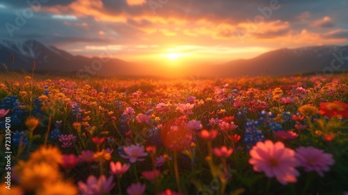  the sun is setting over a field of wildflowers in a field of wildflowers with mountains in the background.