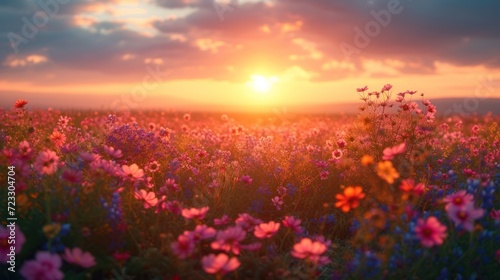  a field full of flowers with the sun setting in the middle of the sky in the middle of the day.