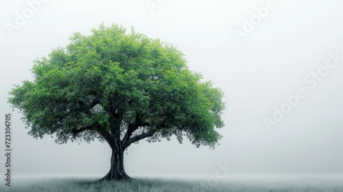 a large green tree in the middle of a foggy field with a clock on the top of the tree.