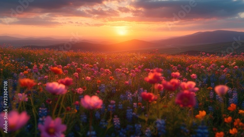  the sun is setting over a field of wildflowers in a field of blue, pink, and yellow flowers.