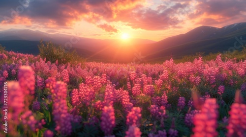  a field full of purple flowers with the sun setting in the distance in the distance, with mountains in the background.