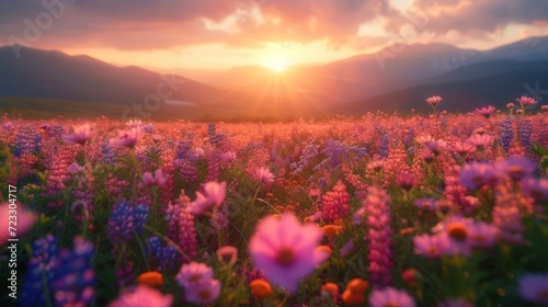  a field of wildflowers with the sun setting in the distance in the distance  with mountains in the background.