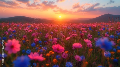  a field of wildflowers with the sun setting in the distance in a field of wildflowers with mountains in the background.