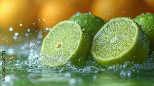  a couple of limes sitting on top of a green surface with water splashing on them and oranges in the background.