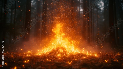  a large fire in the middle of a forest filled with lots of bright yellow and orange fireflies in the air.