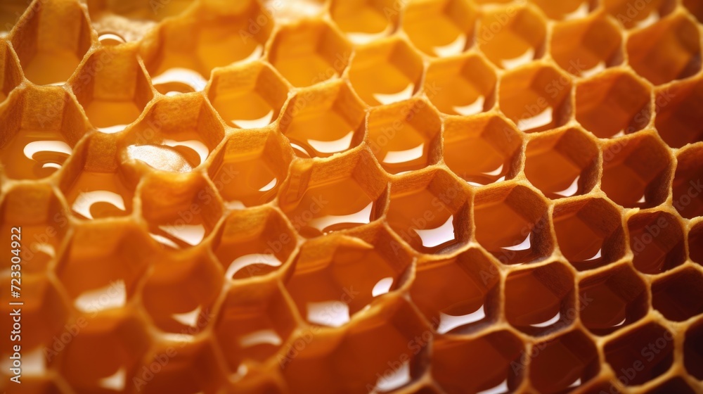 A close-up view of a honeycomb filled with sweet, golden honey. This image can be used to depict nature, beekeeping, or the process of honey production