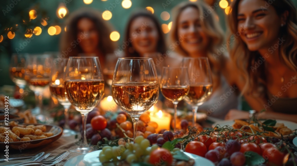  a group of women sitting at a table with glasses of wine and plates of food and grapes on the table.