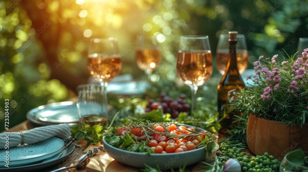  a close up of a plate of food on a table with glasses of wine and plates and utensils.