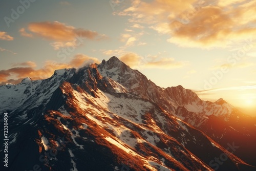 Sun setting over a snowy mountain, perfect for winter landscapes and nature photography