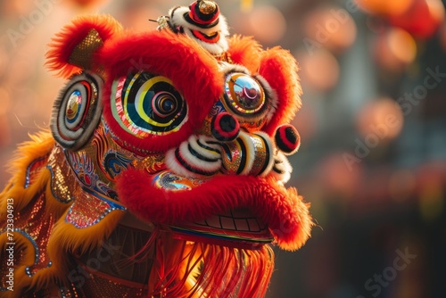 Vibrant Chinese Lion Adorned In Traditional Splendor, Evoking Cultural Festivities And Symbolism