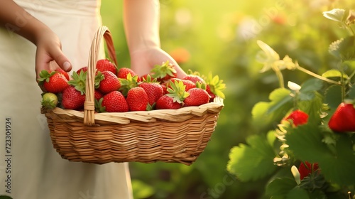 Closeup of woman's hands holding basket with organic garden summer strawberry tasty berries. healthy lifestyle and healthy eating.fruit and berries in modern greenhouse.
