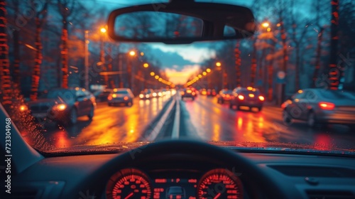  a view from inside a car of a street with a lot of traffic on it and a red light at the end of the road.