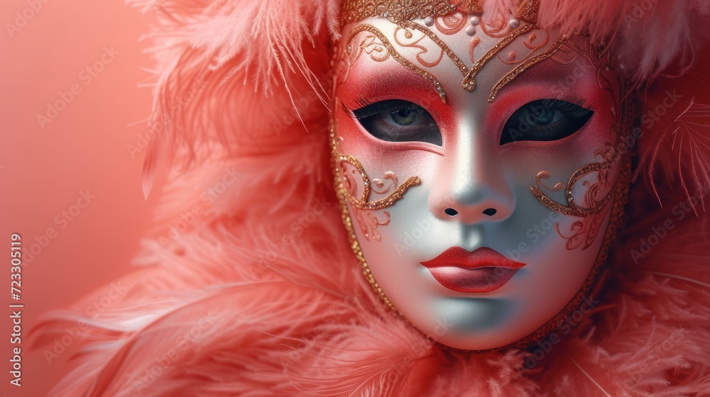  a close up of a woman's face wearing a masquerade and a pink feathered shawl.