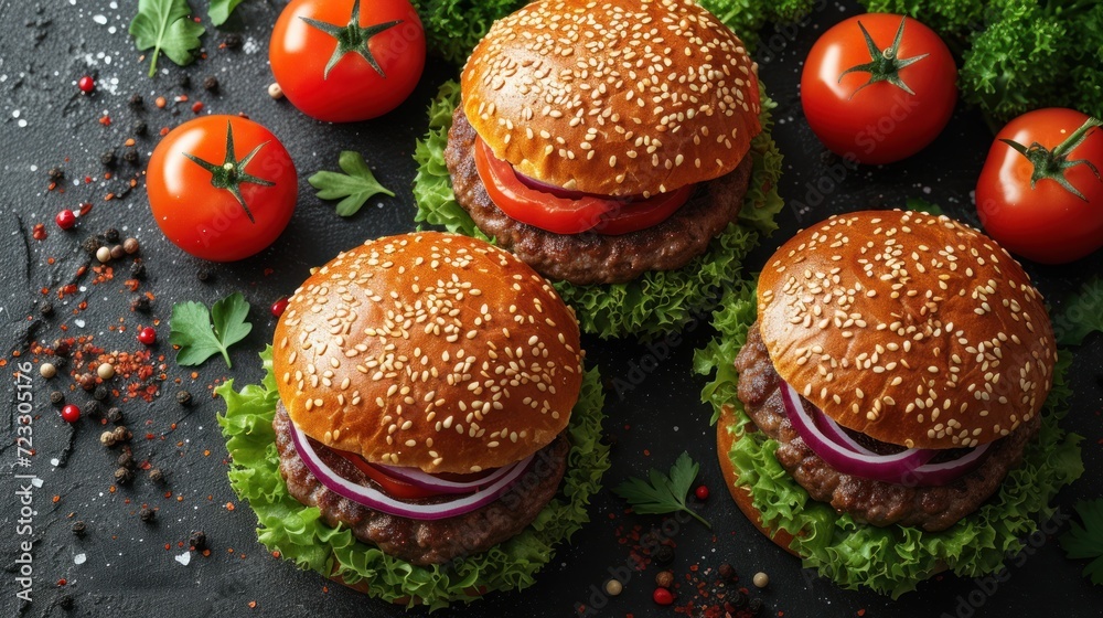 three hamburgers with tomatoes, onions and lettuce on a black surface with sprinkles around them. three hamburgers with tomatoes, onions and lettuce on a black surface with sprinkles around them.