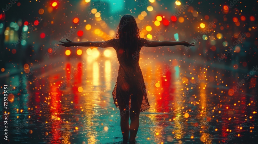  a woman is standing in the rain with her arms spread out and her arms are spread out with lights in the background.
