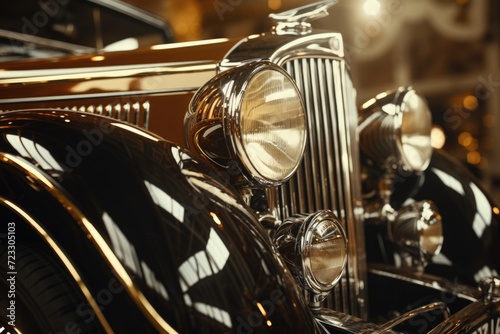 Vintage car headlights in a close-up shot. Perfect for automotive enthusiasts and vintage car collectors