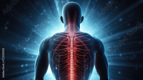 A picture of a man's back with a highlighted spine. This image can be used for medical or educational purposes