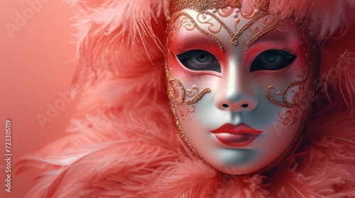  a close up of a woman's face wearing a masquerade and a pink feathered shawl. © Jevjenijs