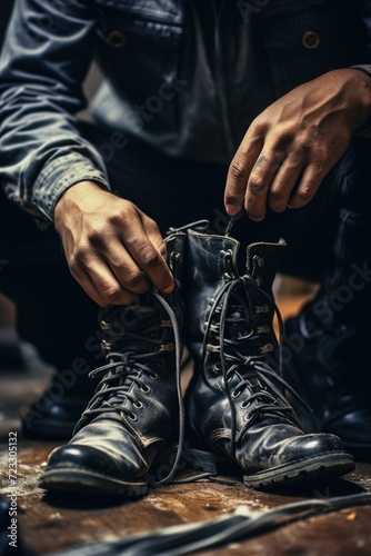 A man is shown tying up a pair of black boots. This image can be used for fashion, outdoor activities, or work-related themes