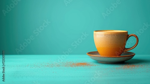  a yellow cup sitting on top of a saucer on top of a blue table next to a green wall.