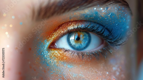  a close up of a person's eye with a blue and orange make - up and glitter on it.