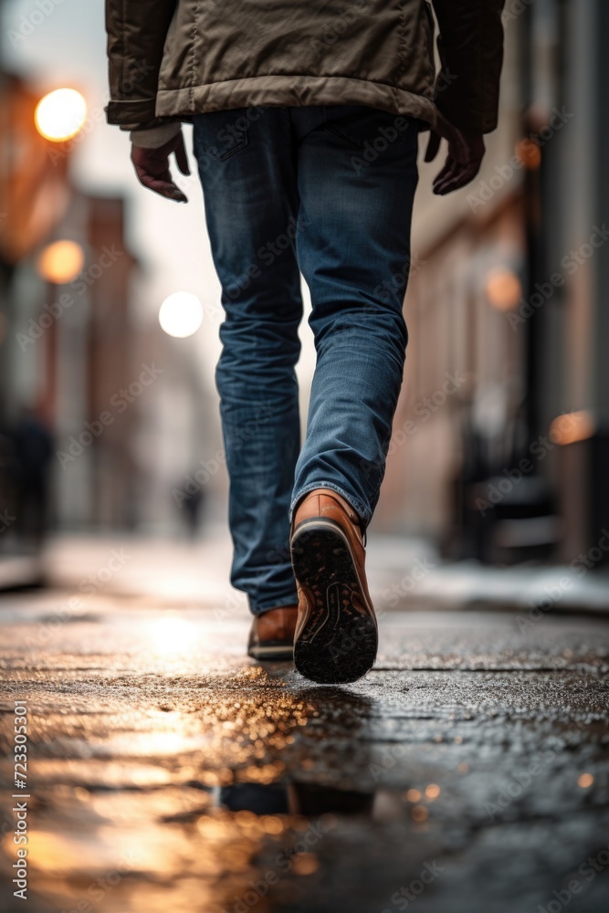 A person walking down a wet sidewalk in the rain. Perfect for illustrating a rainy day or urban lifestyle A person walking down a wet sidewalk in the rain. Perfect for illustrating a rainy day or urban lifestyle