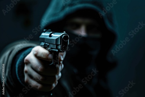 Close up shot of a gun wielding murderer on a dark backdrop