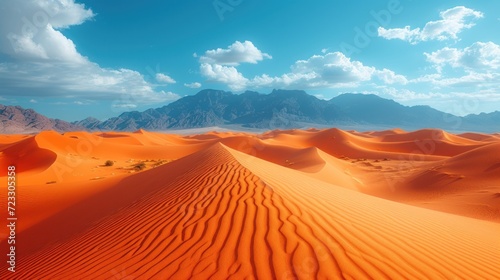  a view of a desert with sand dunes and mountains in the distance with a blue sky with wispy clouds.
