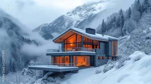  a house sitting on top of a snow covered slope next to a mountain covered in a blanket of clouds and fog.