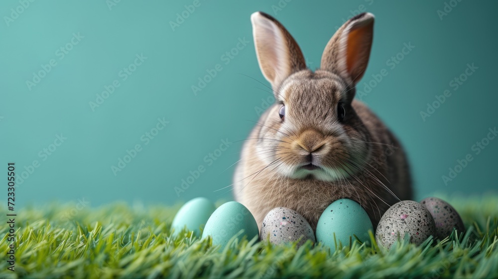 a rabbit is sitting in the grass with some eggs in it's lap and looking at the camera with a surprised look on his face. a rabbit is sitting in the grass with some eggs in it's lap and looking at the camera with a surprised look on his face.