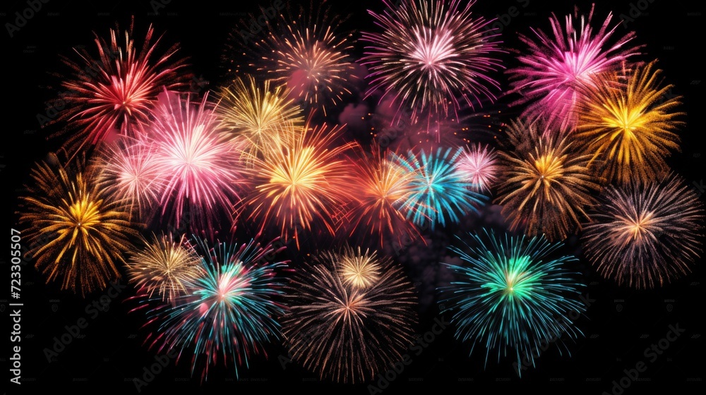 A vibrant display of fireworks lighting up the night sky. Perfect for celebrations and festive occasions