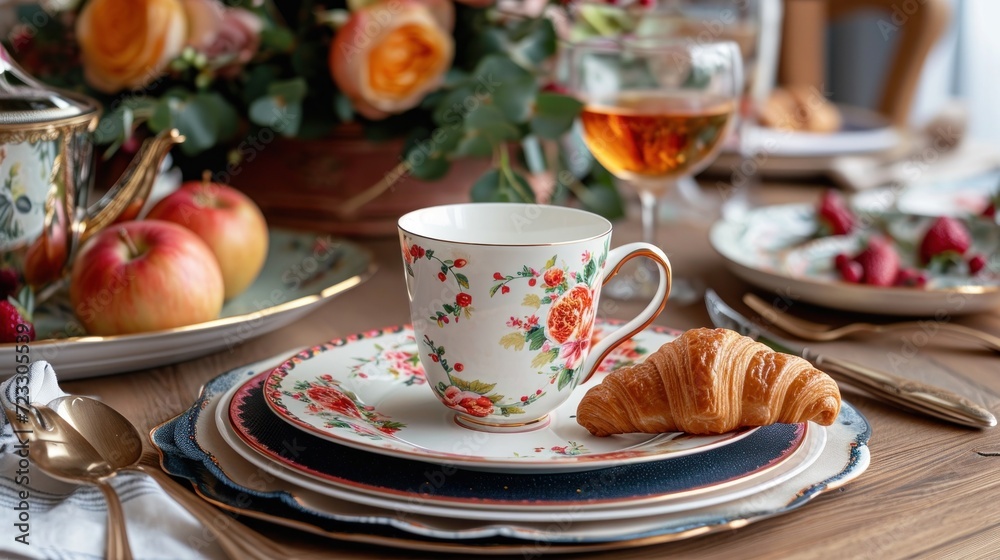 a plate with a croissant on it next to a cup with a croissant on it next to a plate with a croissant on it. a plate with a croissant on it next to a cup with a croissant on it next to a plate with a croissant on it.