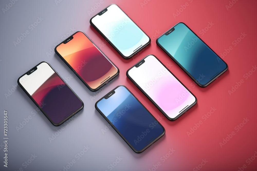A group of four Phones sitting next to each other. Suitable for technology and communication concepts A group of four Phones sitting next to each other. Suitable for technology and communication concepts