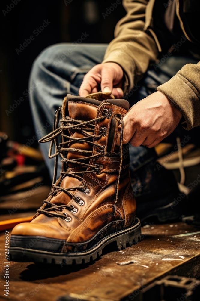 A person is seen tying up a pair of brown boots. This image can be used to depict preparation, getting ready, or outdoor activities