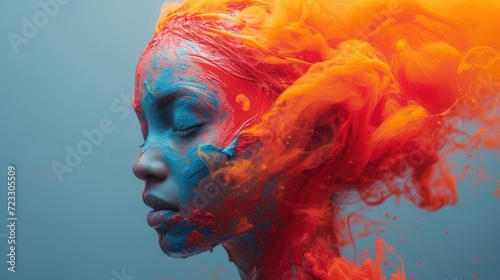  a woman's face is covered in orange and blue paint as she stands in front of a blue background.