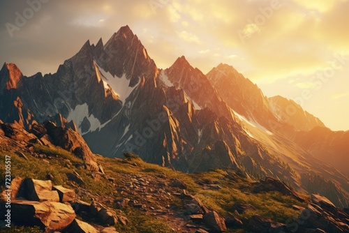 A picturesque mountain range with rocks and grass in the foreground. Perfect for nature and landscape enthusiasts