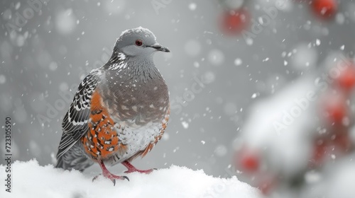  a bird sitting on top of a pile of snow next to a tree filled with red and white berries in the snow. © Jevjenijs